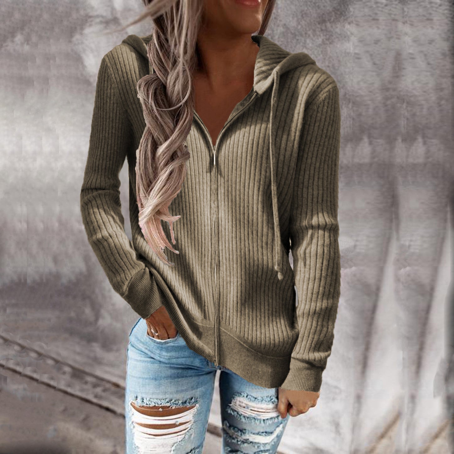 Women's Striped Casual Loose Zipper Long Sleeve Hooded Sweaters