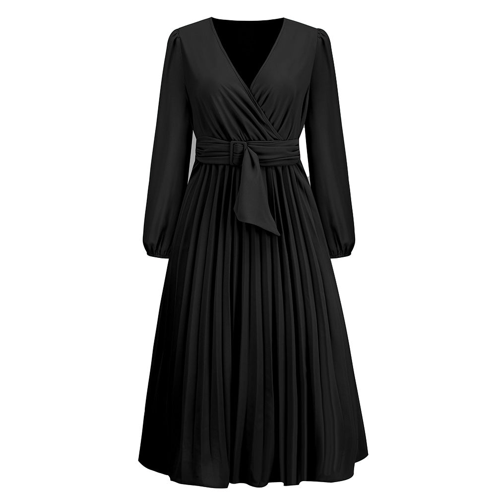 Women's Long Sleeve Slim-fit Pleated Belt V-neck Skirts