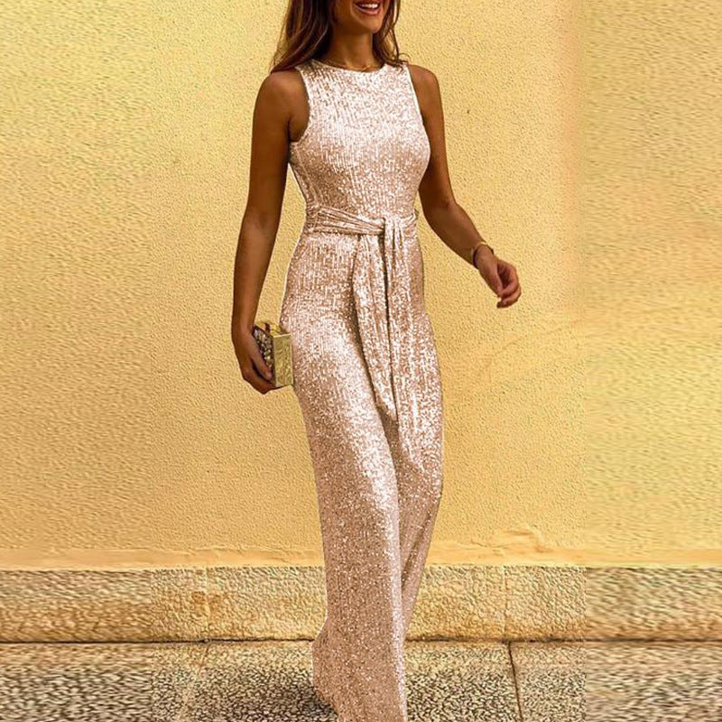 Women's Round Neck Sleeveless Personalized Sequined Sier Jumpsuits