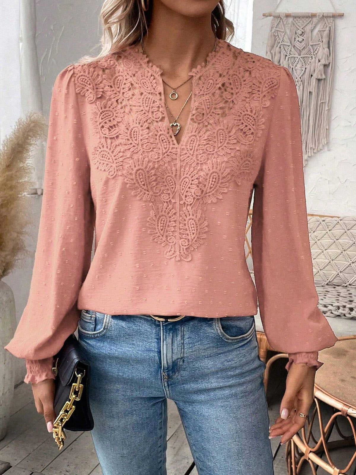 Women's Autumn Lace Stitching Solid Color Shirt Blouses