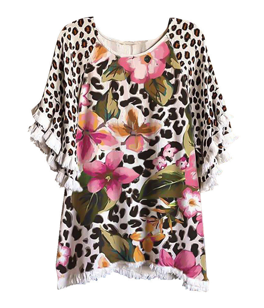 Women's Ruffle Sleeve Round Neck Multicolor Printing Blouses