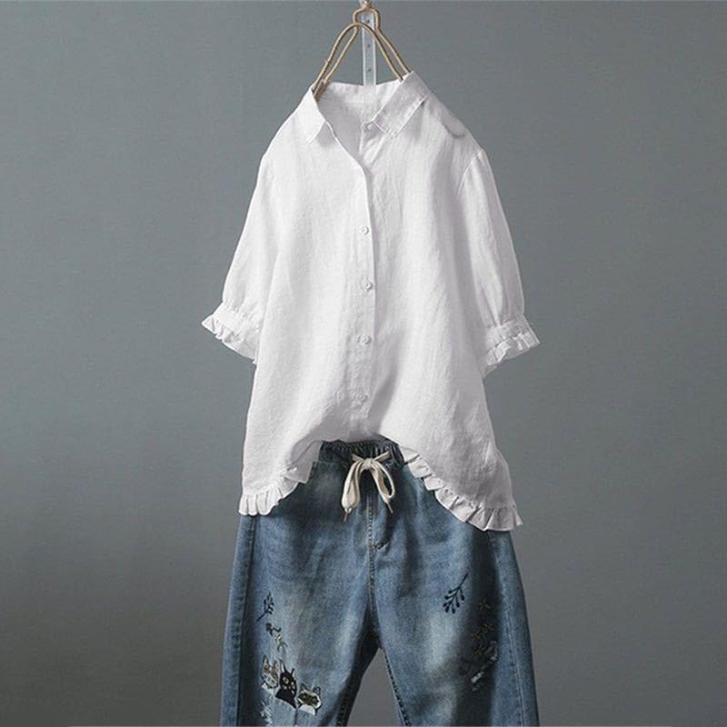 Women's Linen Shirt Casual Single-breasted Ruffled Sleeves Blouses