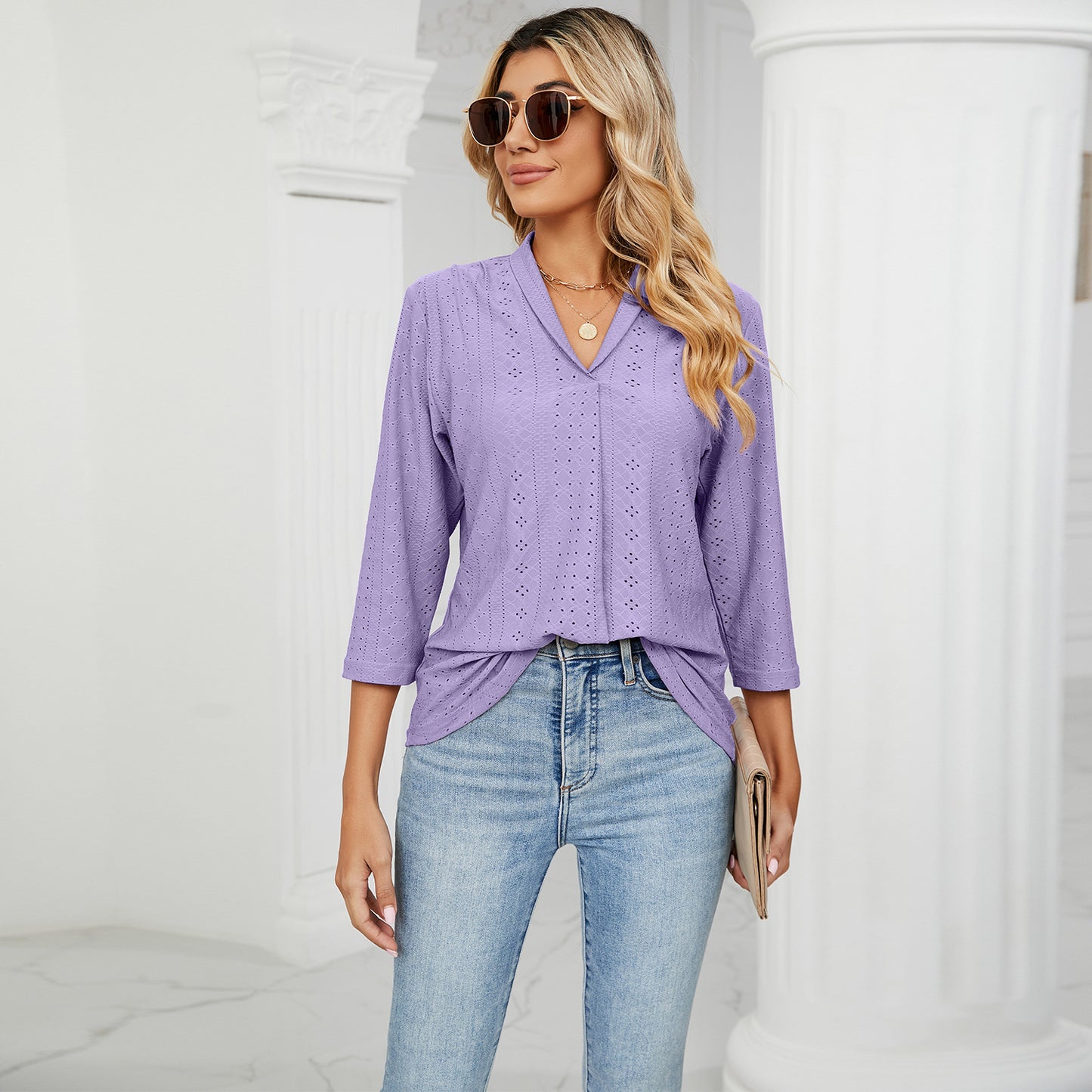 Women's V-neck Pleated Loose Mid-sleeve Lapel Blouses