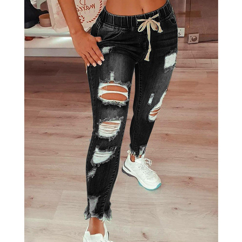 Women's Elastic Band Waist Lace Ripped Trousers Jeans