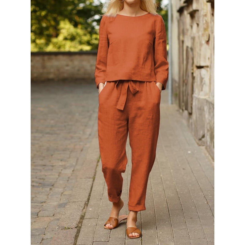 Women's Linen Fashion Solid Color Casual Two-piece Simple Suits