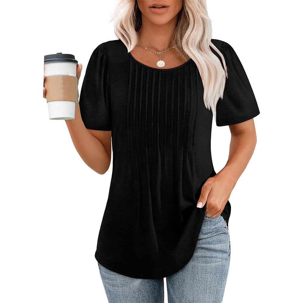 Women's Pleated Round Neck Short-sleeved T-shirt Blouses