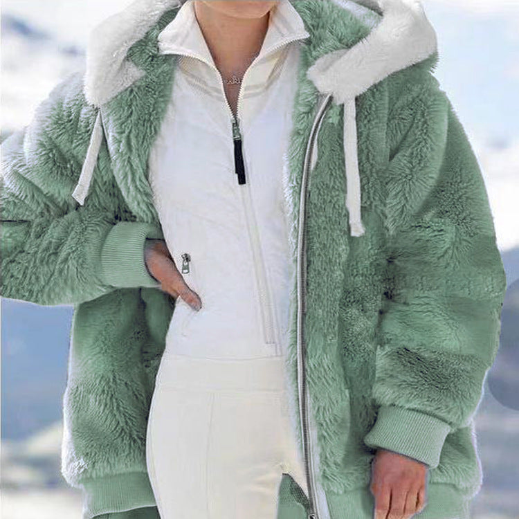 Women's Loose Plush Zipper Hooded Furry Coats