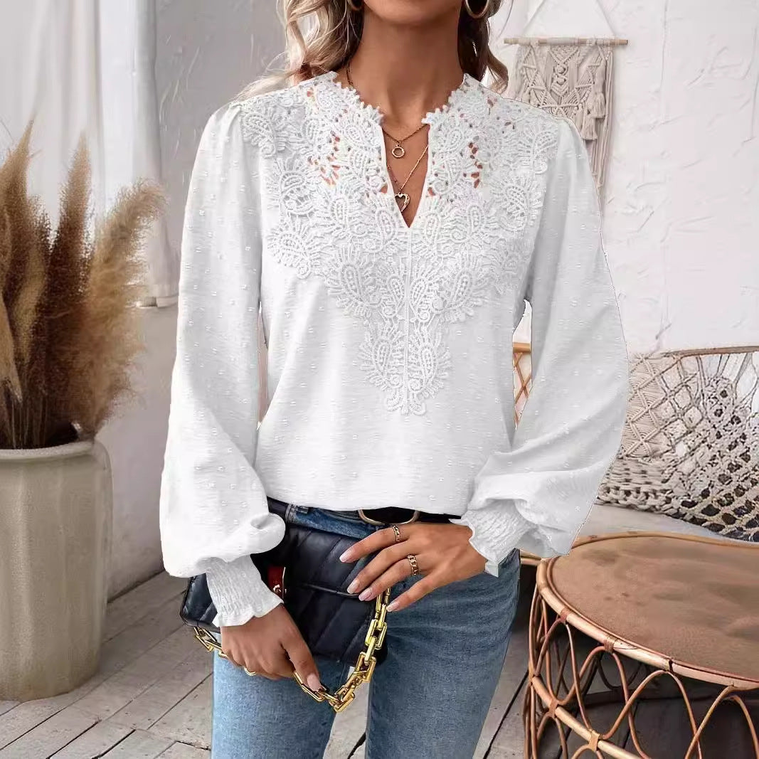 Women's Autumn Lace Stitching Solid Color Shirt Blouses