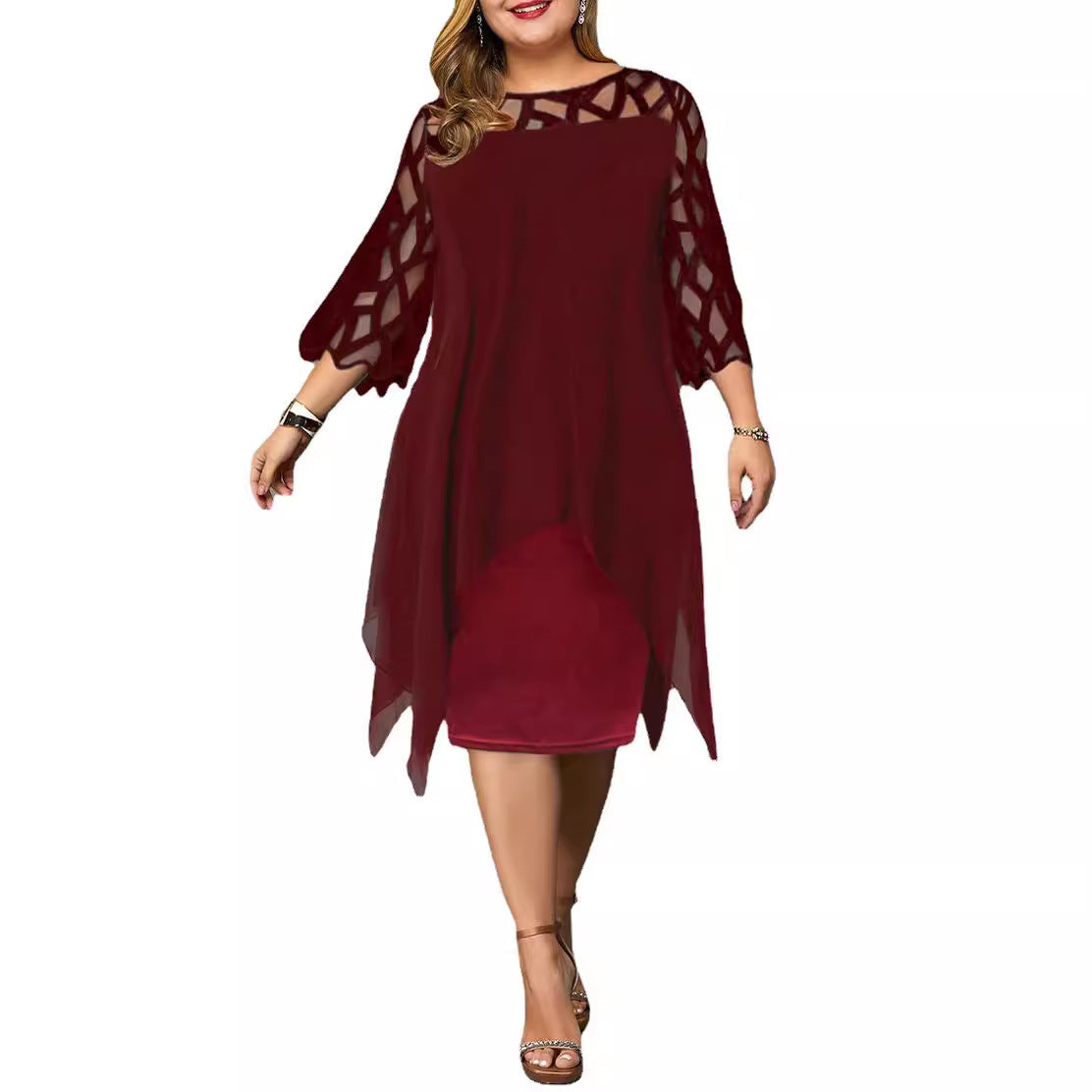 Lace Stitching Sleeve Irregular Hem Chiffon Dresses