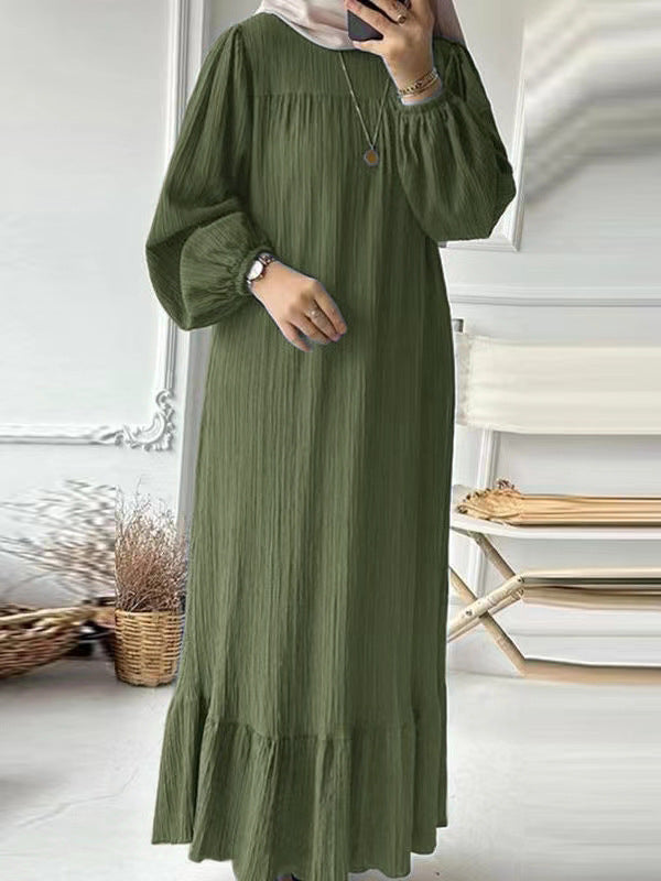 Women's Muslim Wear Robe Fashion Puff Sleeve Vintage Pocket Clothing