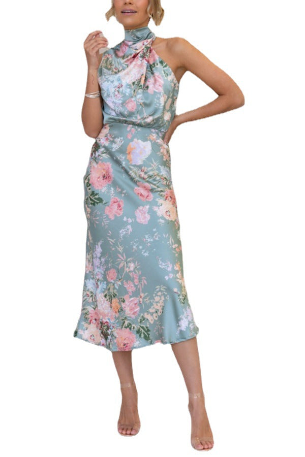 Women's Mature Elegant Sleeveless Halter Printed Satin Dresses