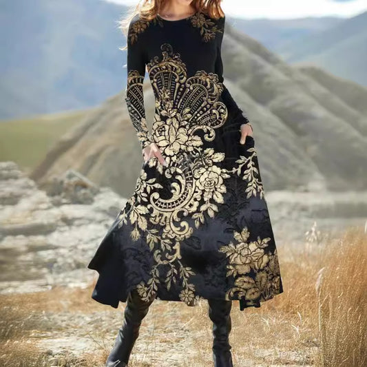 Women's Long Sleeve Bohemian Maxi Dress Wide Dresses