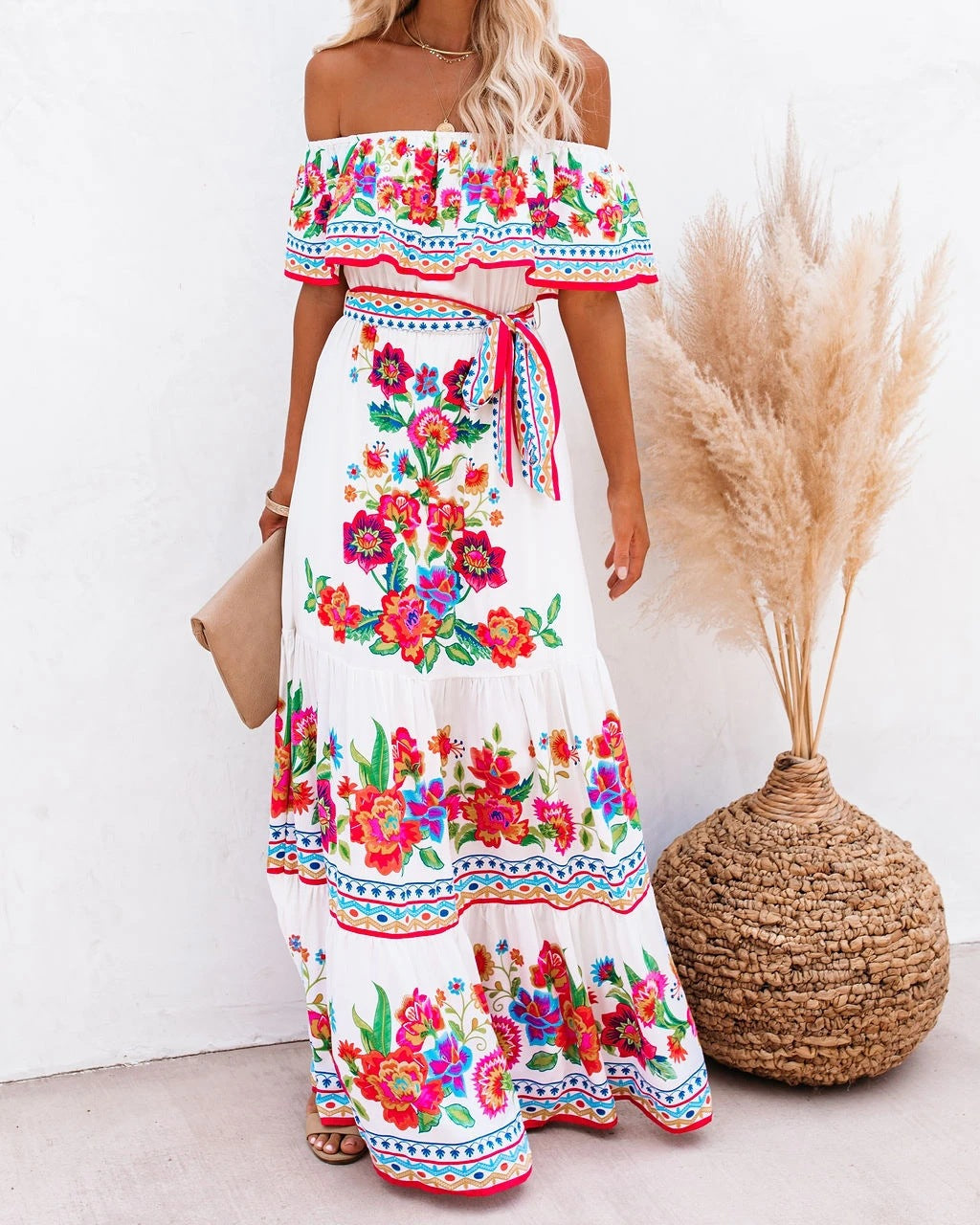 Summer Off-shoulder Printed Long Large Hem Dresses