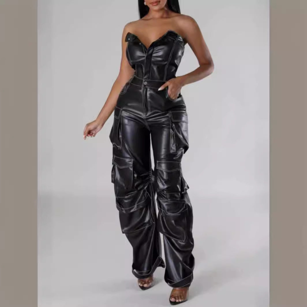 Fashion Sexy Single-breasted Bandeau High Waist Jumpsuits