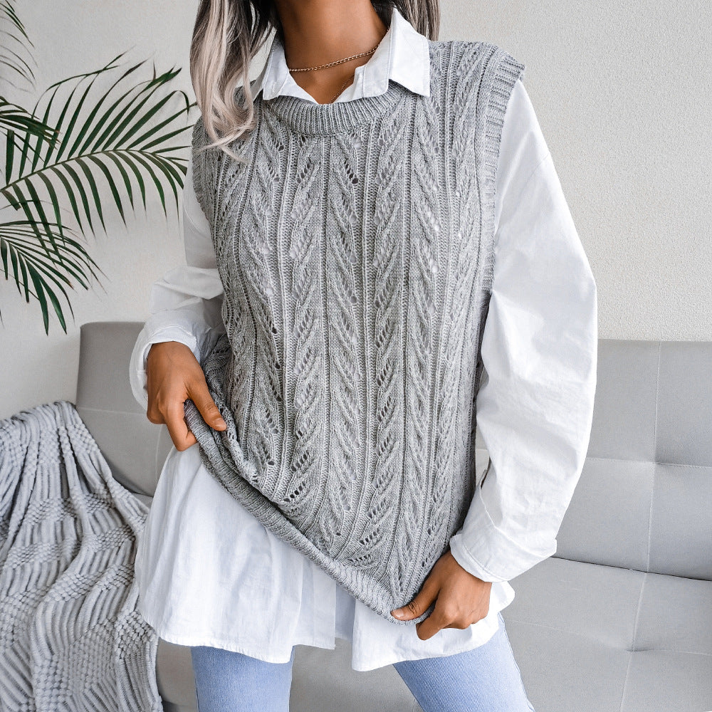 Women's Round Neck Hollow Leaves Casual Knitted Vests