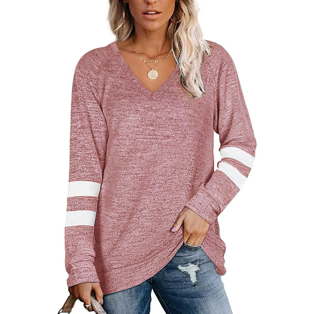 Women's Long Sleeve Color Patchwork V-neck Loose-fitting Casual Tops