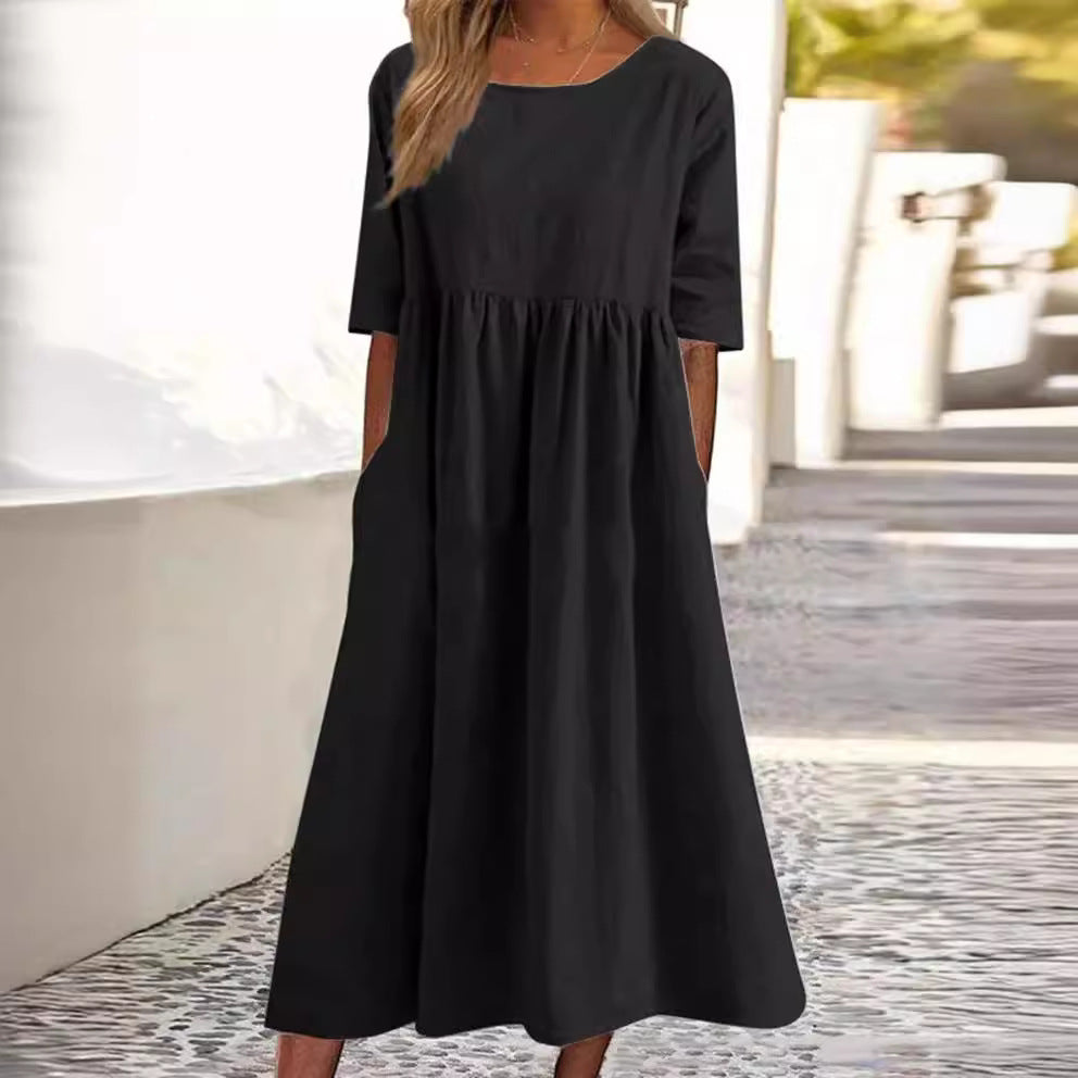 Sleeve Large Casual Loose Long Solid Color Cotton Dresses