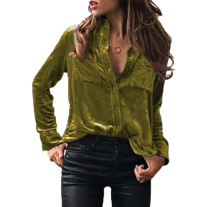 Women's Pocket Solid Color Temperament Long Sleeve Blouses