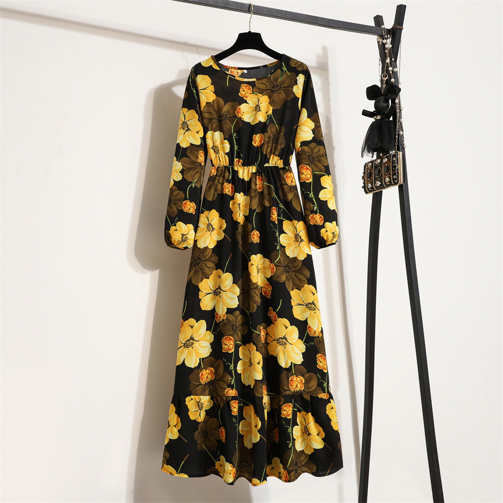 Women's High Waist Long Retro Chiffon Printed Floral Round Neck Dresses