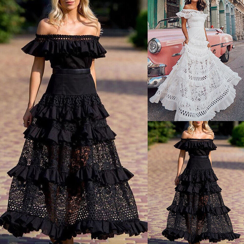 Women's Summer Ruffled Hollow Wide Hem Lace Dresses