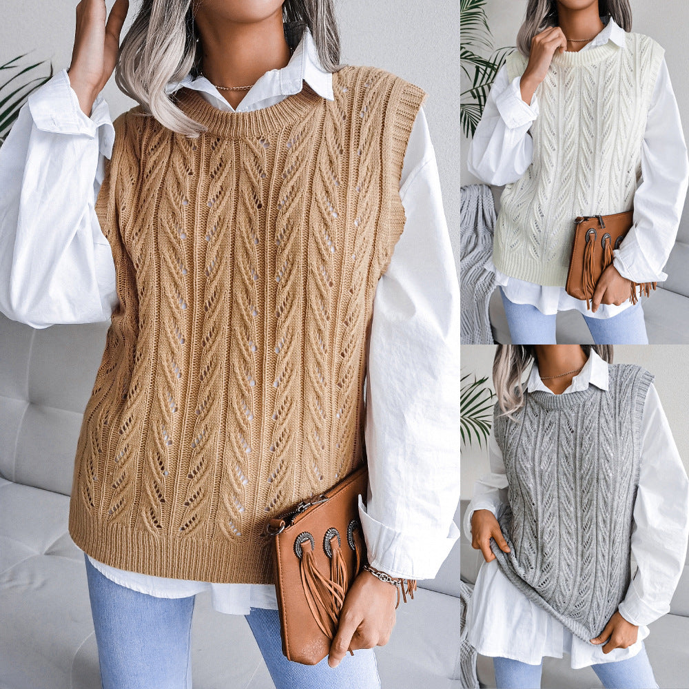 Women's Round Neck Hollow Leaves Casual Knitted Vests