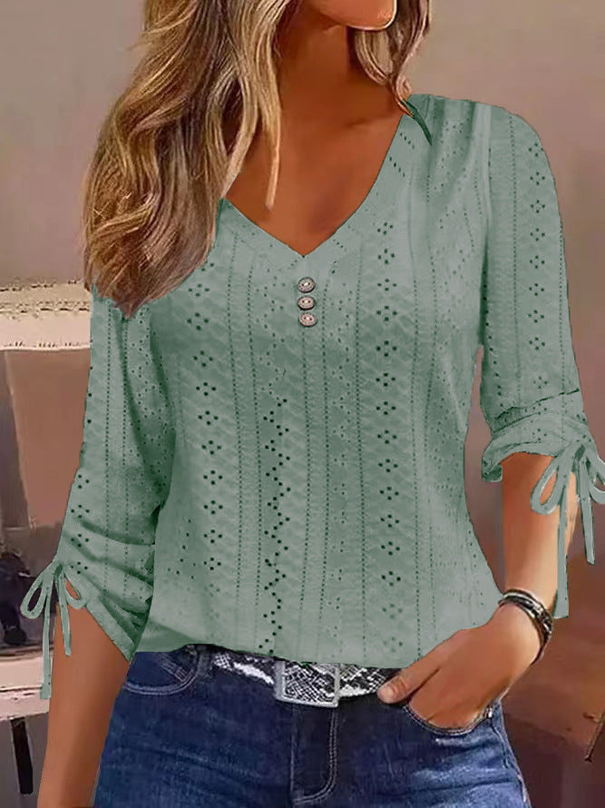 Solid Color Jacquard Button Long-sleeved T-shirt Blouses