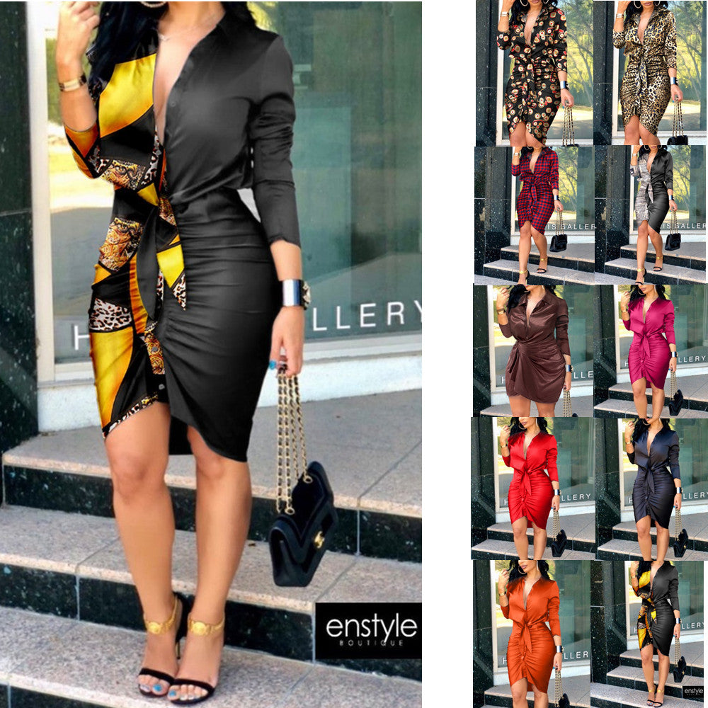 Women's Summer V-neck Lace-up Solid Color Long Sleeve Dresses