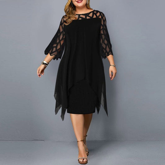 Women's Large Fashion Lace Stitching 3/4 Sleeve Irregular Hem Chiffon Dresses