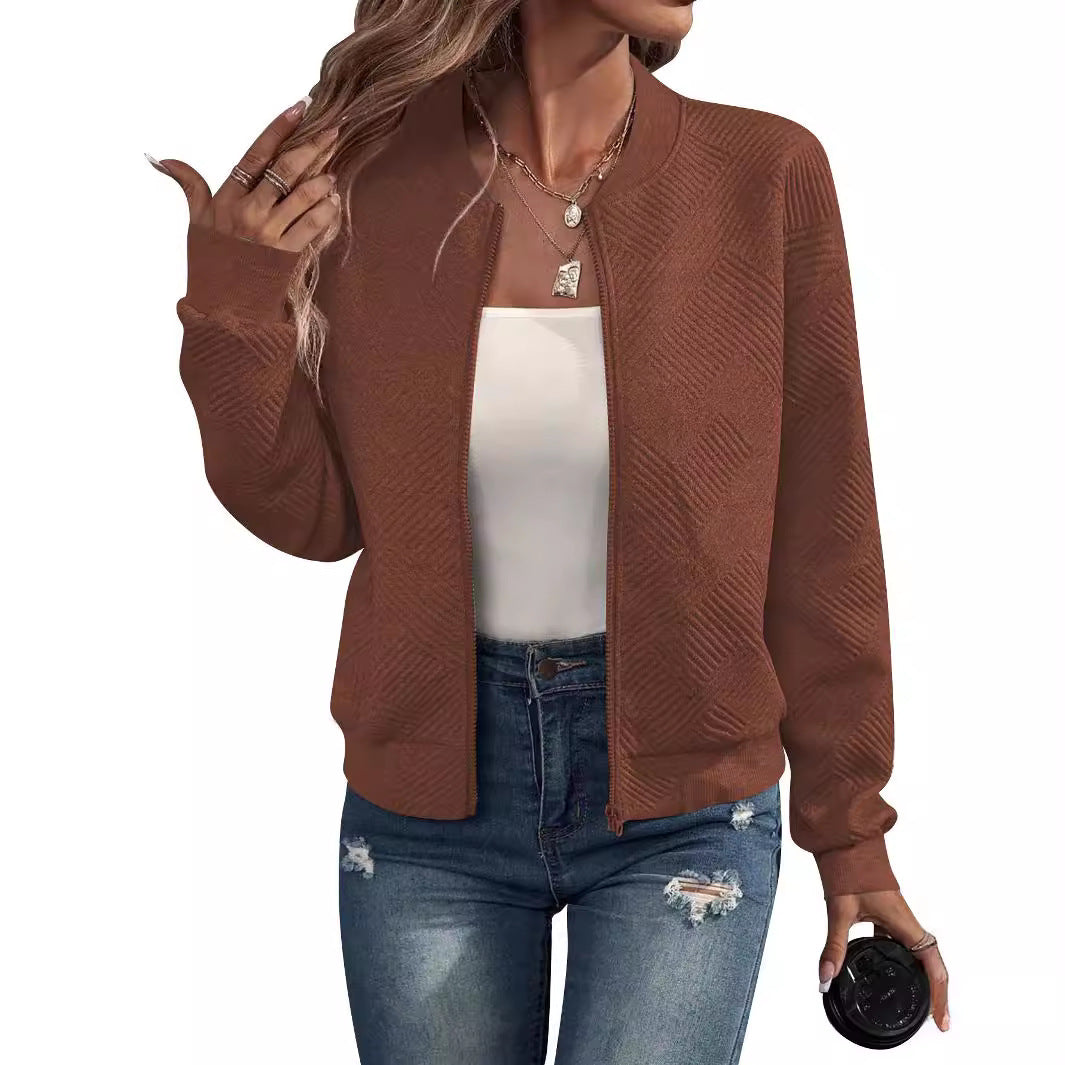 Women's Solid Color Zipper Baseball Collar Casual Jackets