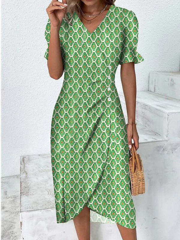 Summer Geometric Patchwork Puff Sleeve Irregular Dresses