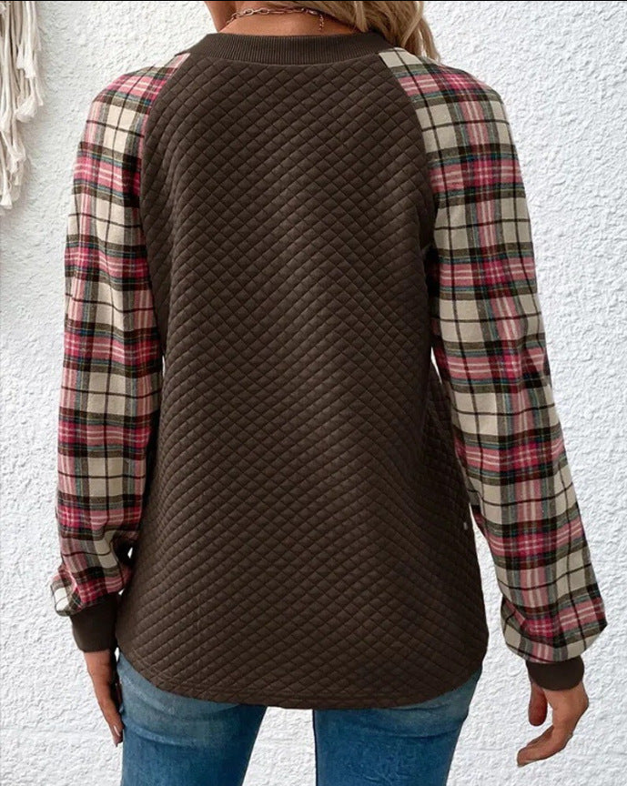 Women's Fashion Diamond Plaid Stitching Long Sleeve Crew Sweaters