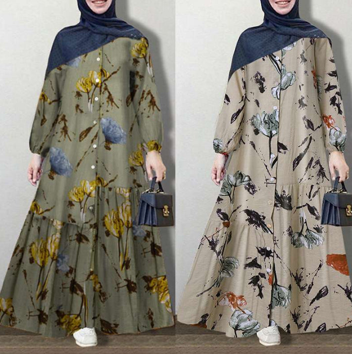 Women's Muslim Clothes Stitching Robe Cotton Long Dresses