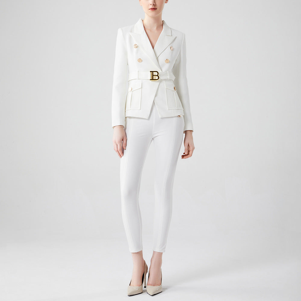 Women's White Two-color Pocket Slim Fit Small Blazers