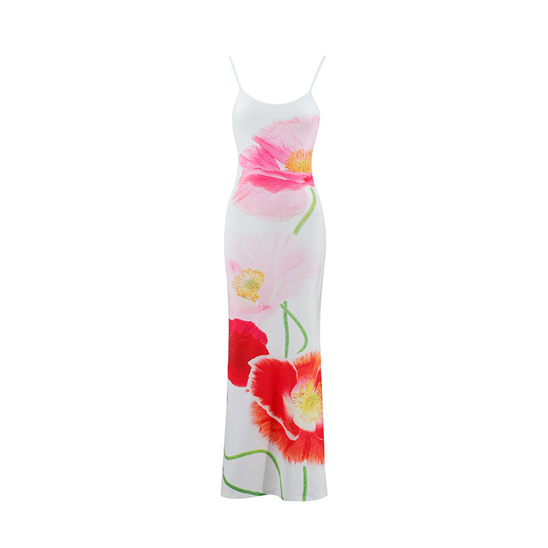 Women's Summer Sling Backless Slim Fit Flower Print Dresses