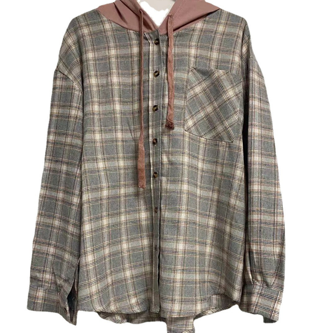 Women's Hooded Color Single-breasted Casual Plaid Shirt Jackets