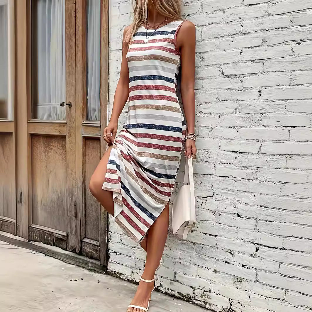 Women's Sleeveless Striped Slit Long Dress Dresses