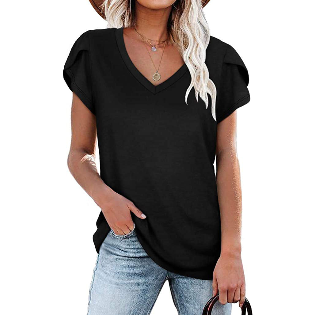 Women's Solid Color V-neck Short-sleeved T-shirt Loose Blouses