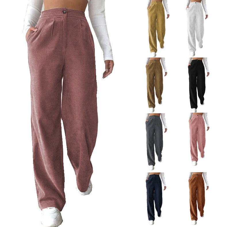 Women's Autumn High Waist Casual Solid Color Corduroy Loose Pants