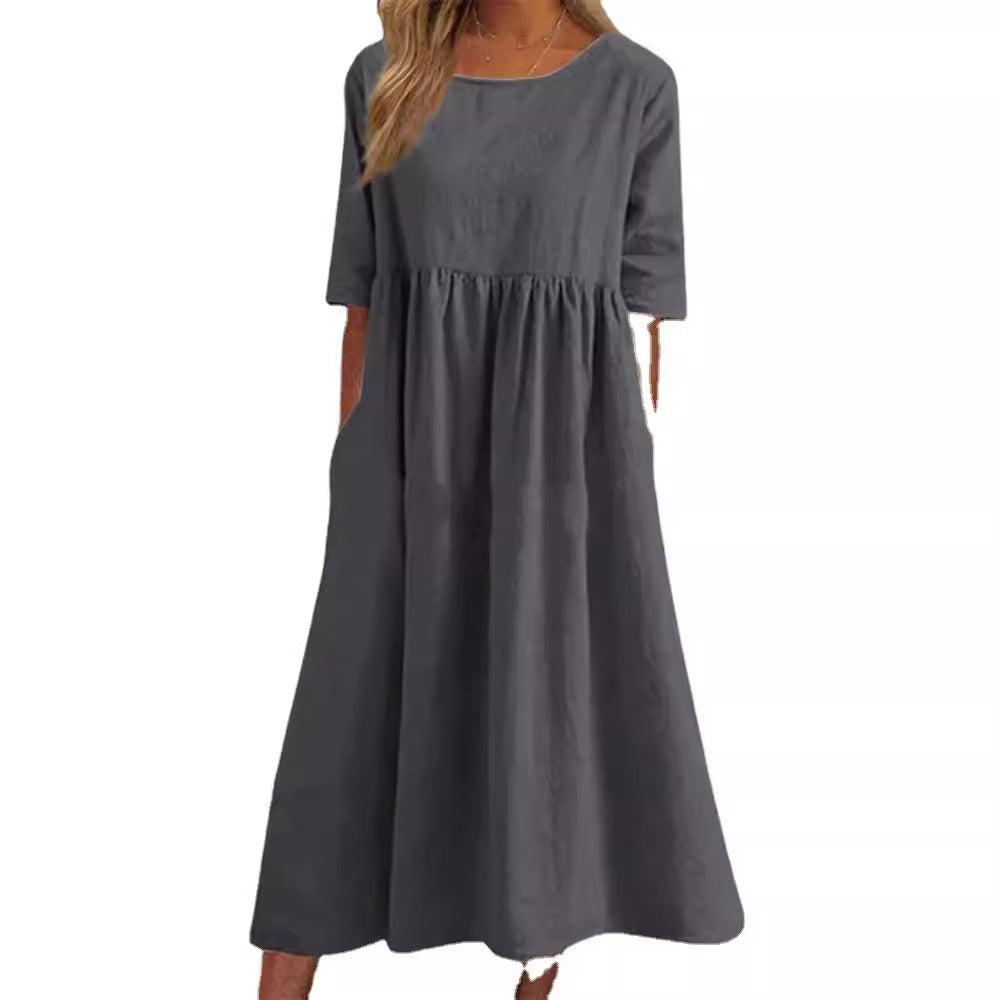 Sleeve Large Casual Loose Long Solid Color Cotton Dresses