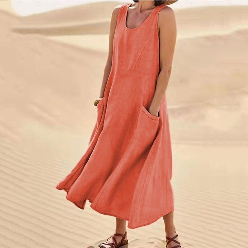 Women's Summer Pocket Sleeveless Round Neck Cotton Dresses