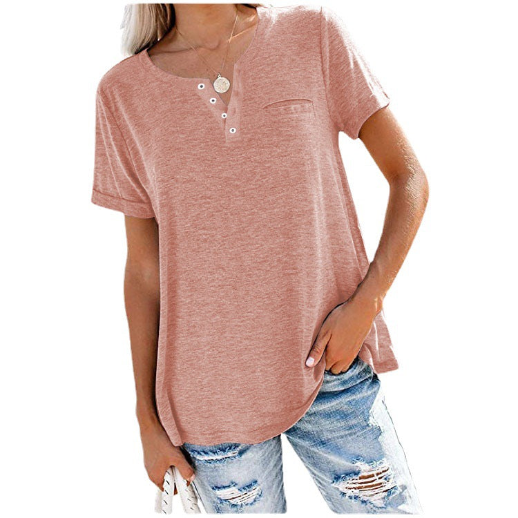 Women's V-neck Sleeve Pocket Loose T-shirt Blouses