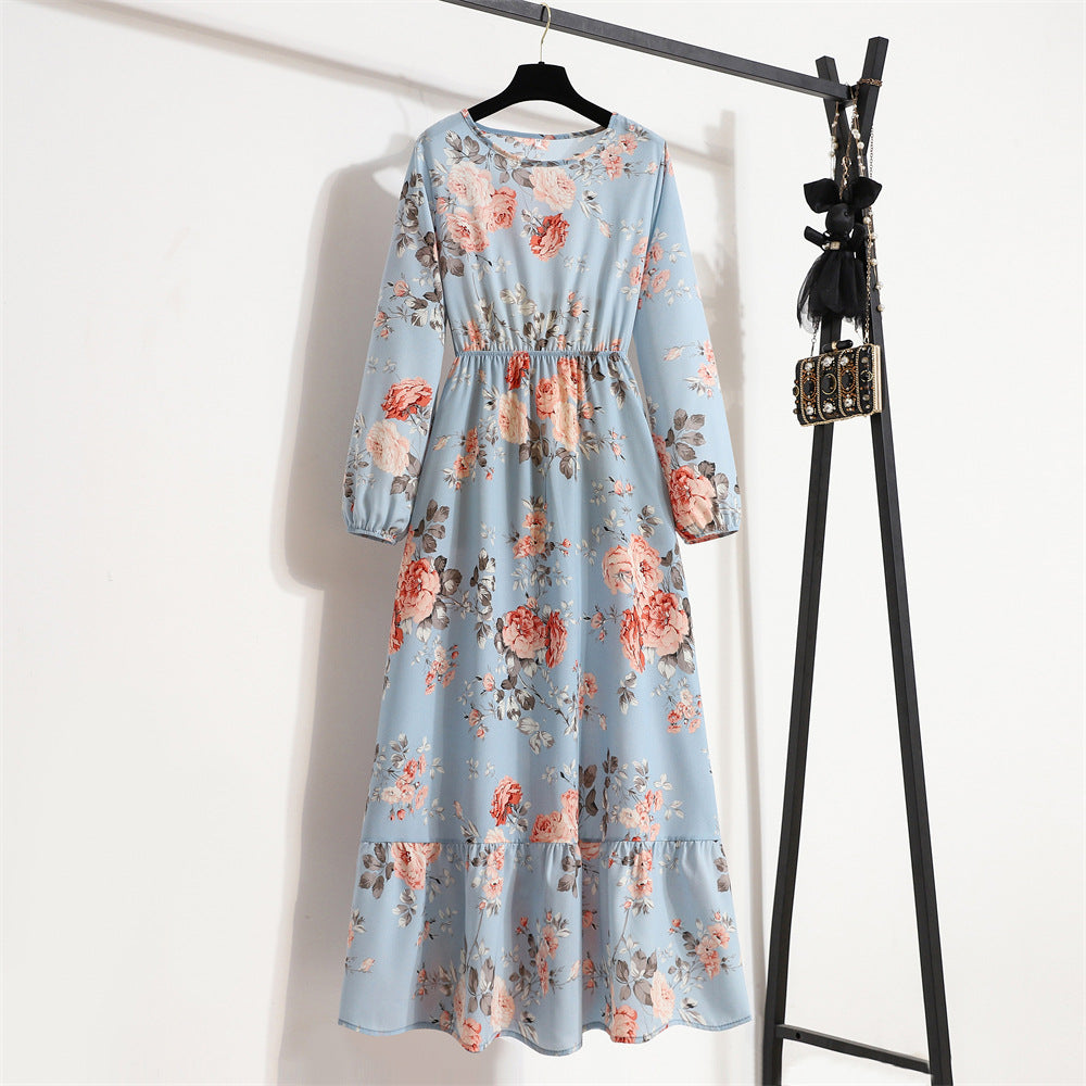 Women's High Waist Long Retro Chiffon Printed Floral Round Neck Dresses