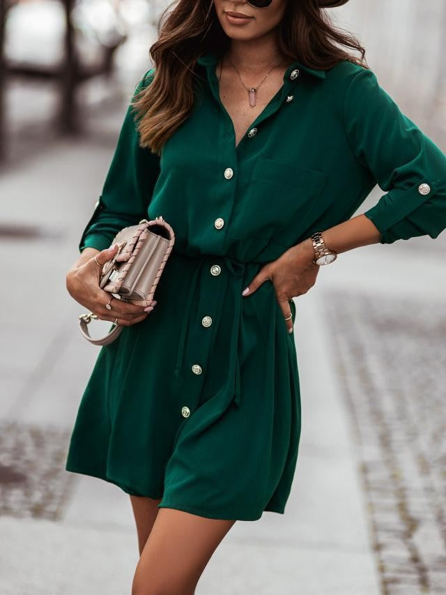 Color Waist Tight Button Rolled Sleeves Dresses