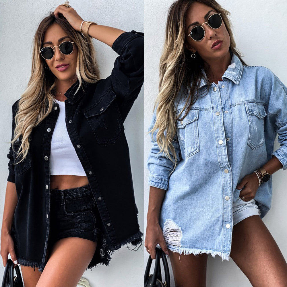 Women's Mid-length Loose Hole Batwing Sleeve Denim Jackets