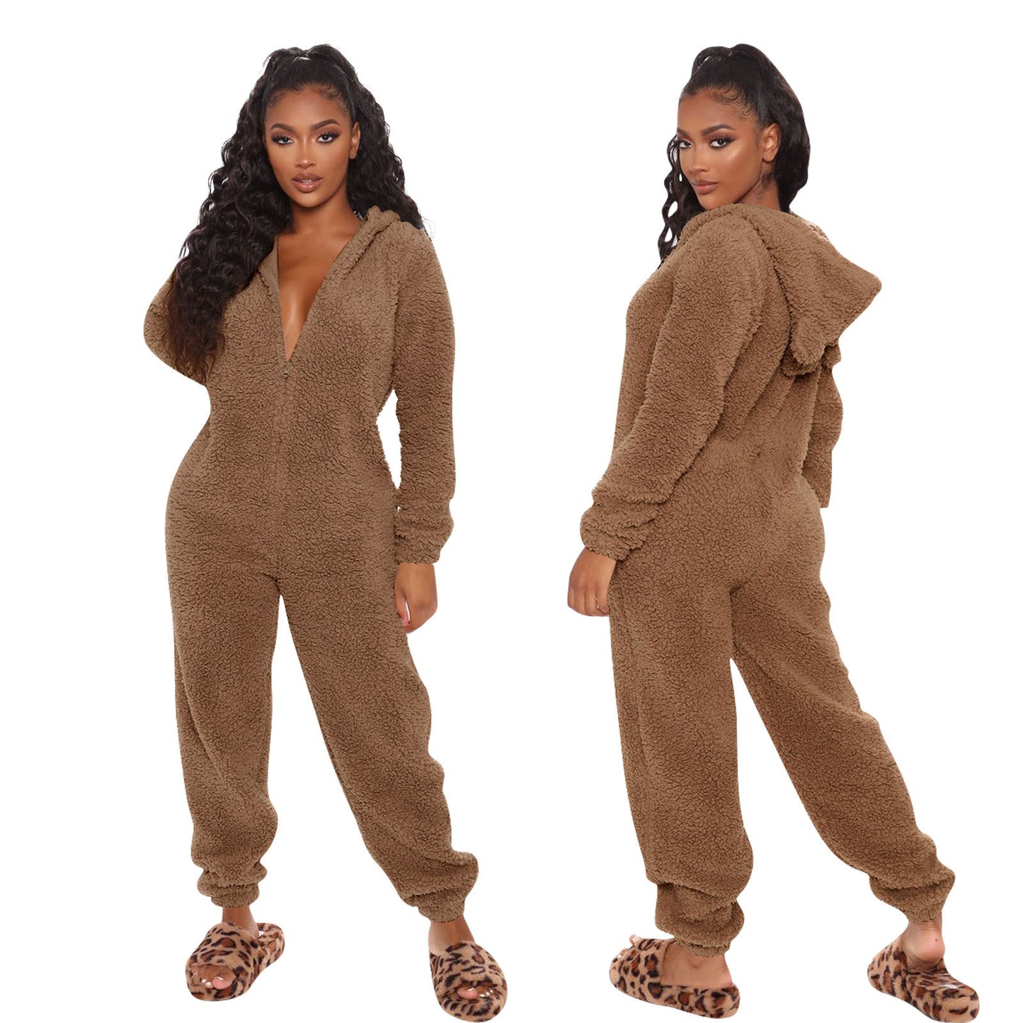 Sleeve Hooded Casual Trousers Plush Pajamas Jumpsuits