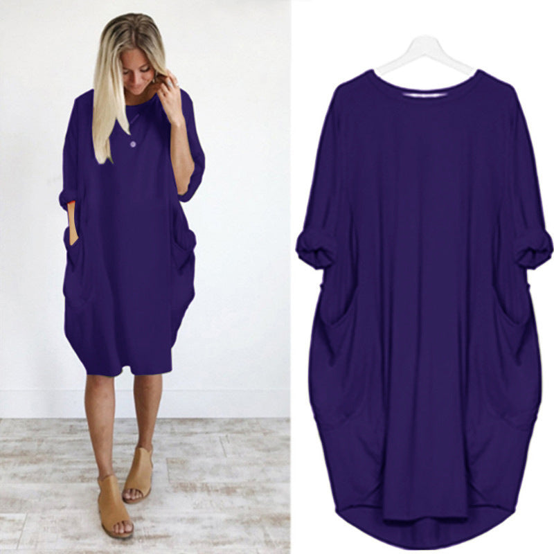 Women's Sleeve Round Neck Solid Color Loose Pockets Dresses