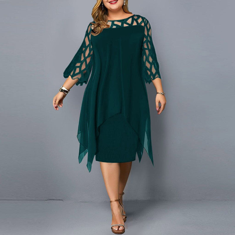 Women's Large Fashion Lace Stitching 3/4 Sleeve Irregular Hem Chiffon Dresses