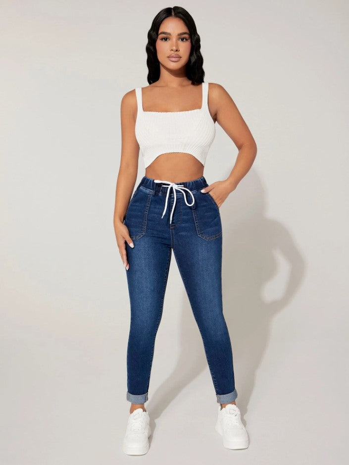 Women's Cropped Drawstring Elastic Waist High Skinny Jeans