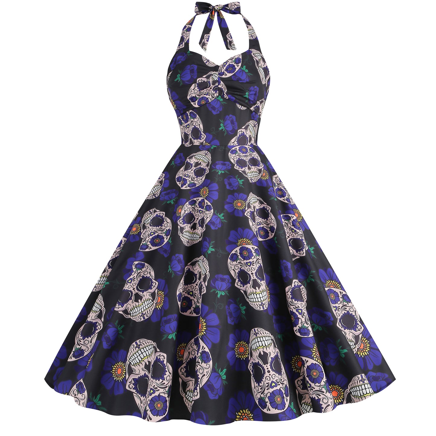 Women's Halloween Skull Print Contrast Color Halter Dresses