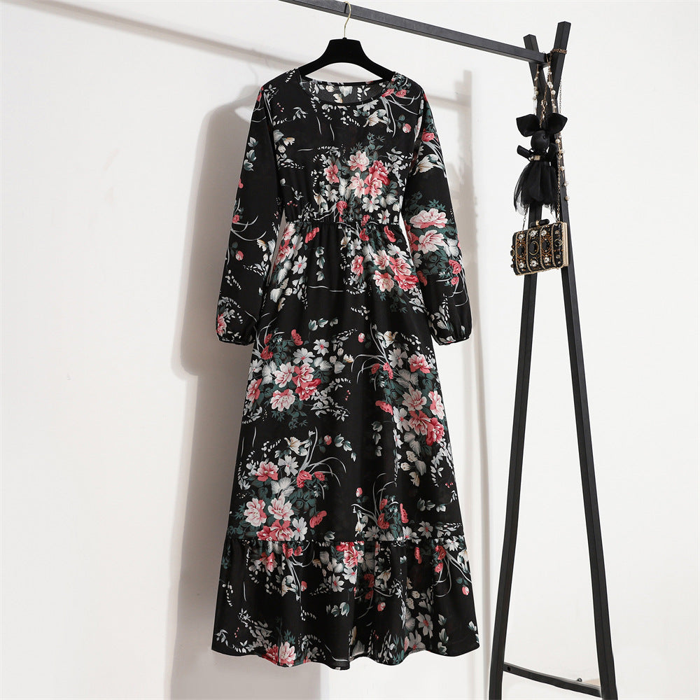 Women's High Waist Long Retro Chiffon Printed Floral Round Neck Dresses